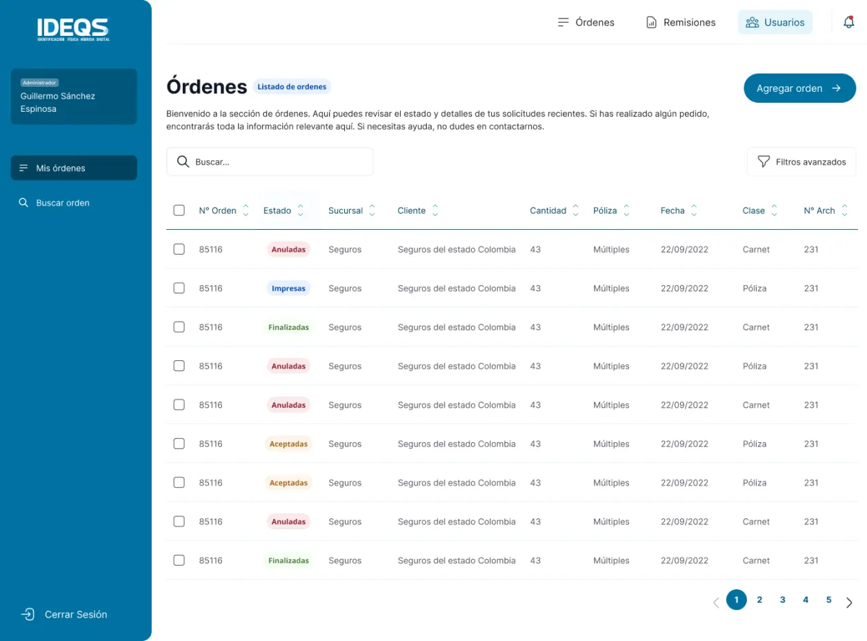 IDEQS · Gestión de órdenes — Dashboard SaaS desarrollado por AGIL